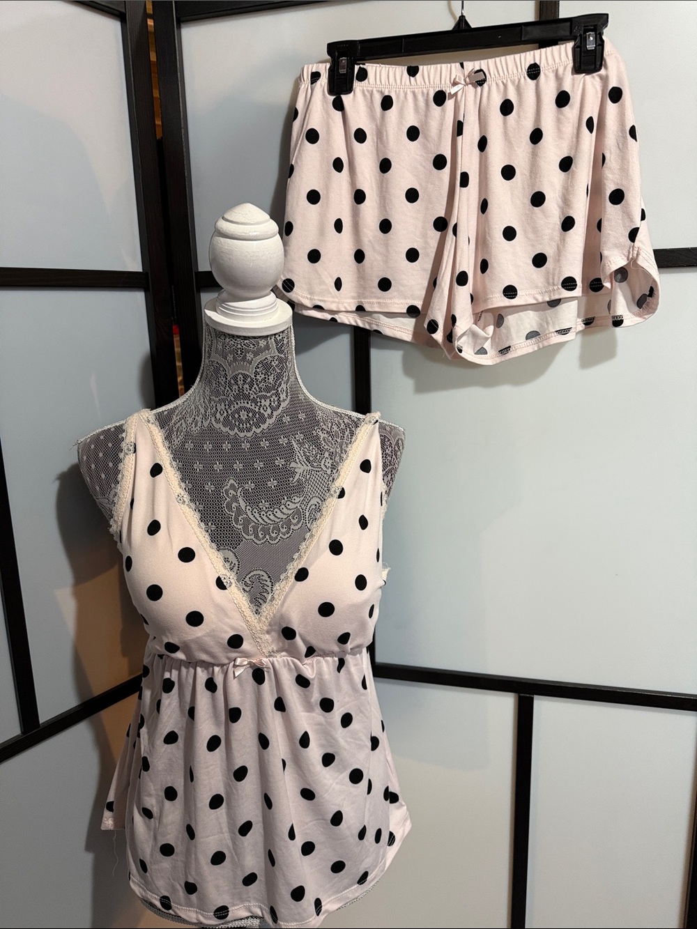 Marilyn Monroe Pale Pink and Black Polka Dot Lace Cami & Shorts Set